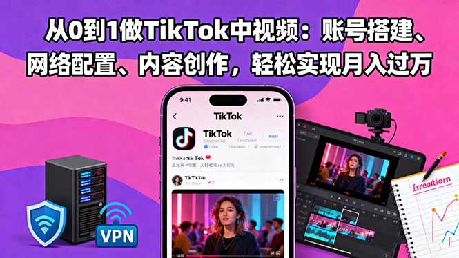 从0到1做TikTok中视频：账号搭建、网络配置、内容创作，轻松实现月入过万-琪哥网创