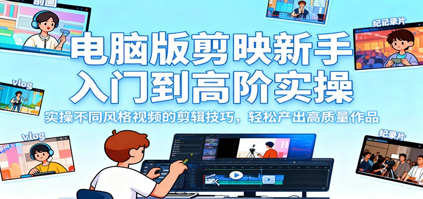 电脑版剪映新手入门到高阶实操，实操不同风格视频的剪辑技巧，轻松产出高质量作品-琪哥网创